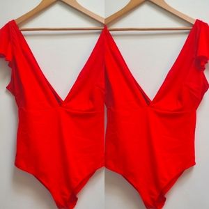 ASOS DESIGN Fuller Bust Exclusive Flutter Sleeve Plunge Swimsuit Red 10 I cup